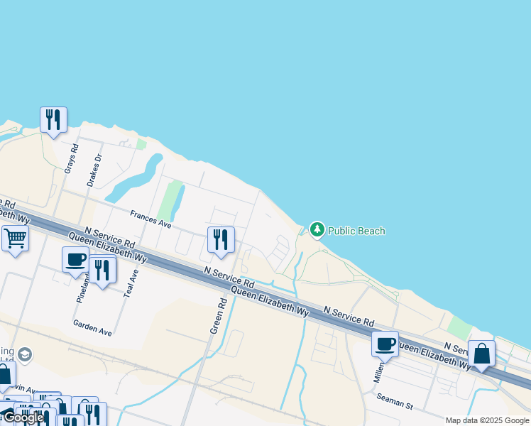 map of restaurants, bars, coffee shops, grocery stores, and more near 500 Green Road in Hamilton