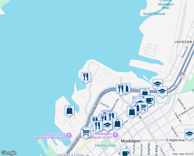 map of restaurants, bars, coffee shops, grocery stores, and more near in Muskegon