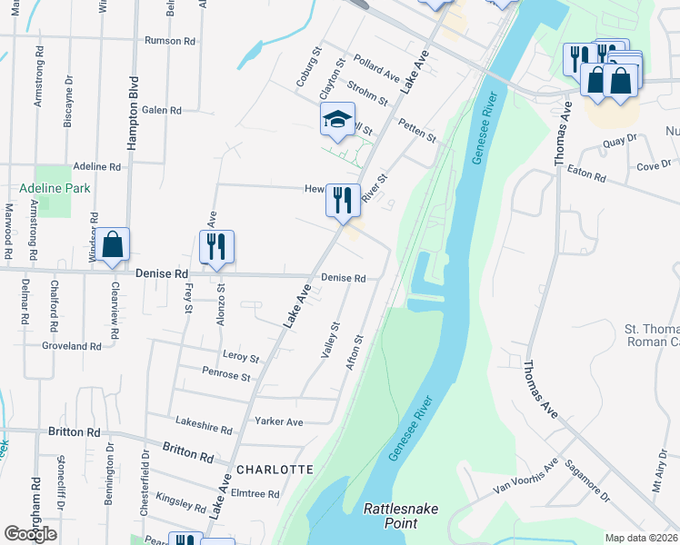 map of restaurants, bars, coffee shops, grocery stores, and more near 92 Denise Road in Rochester