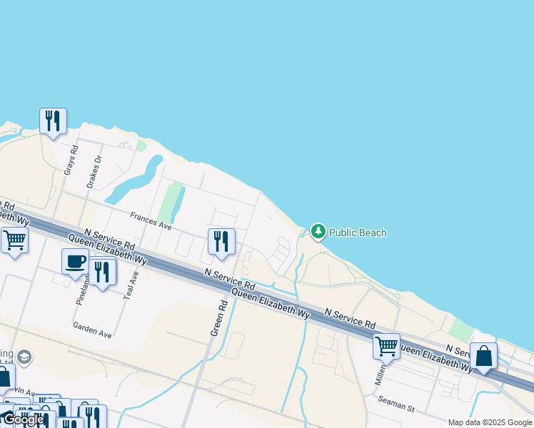 map of restaurants, bars, coffee shops, grocery stores, and more near 500 Green Road in Hamilton