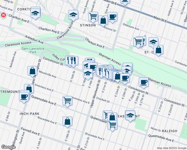 map of restaurants, bars, coffee shops, grocery stores, and more near 473 Concession St in Hamilton