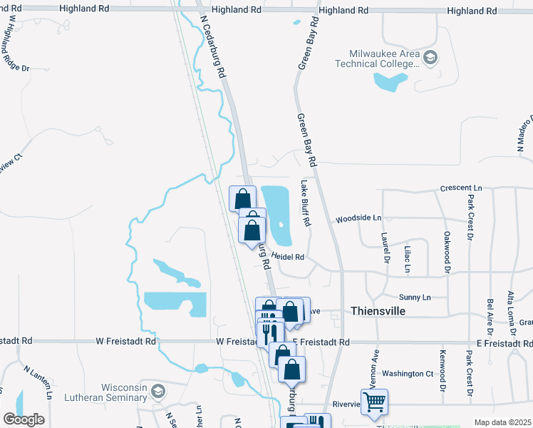 map of restaurants, bars, coffee shops, grocery stores, and more near 600 Laurel Lake Road in Thiensville