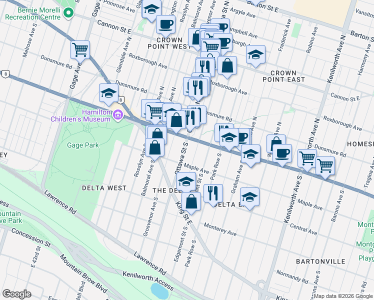 map of restaurants, bars, coffee shops, grocery stores, and more near 23 Ottawa Street South in Hamilton