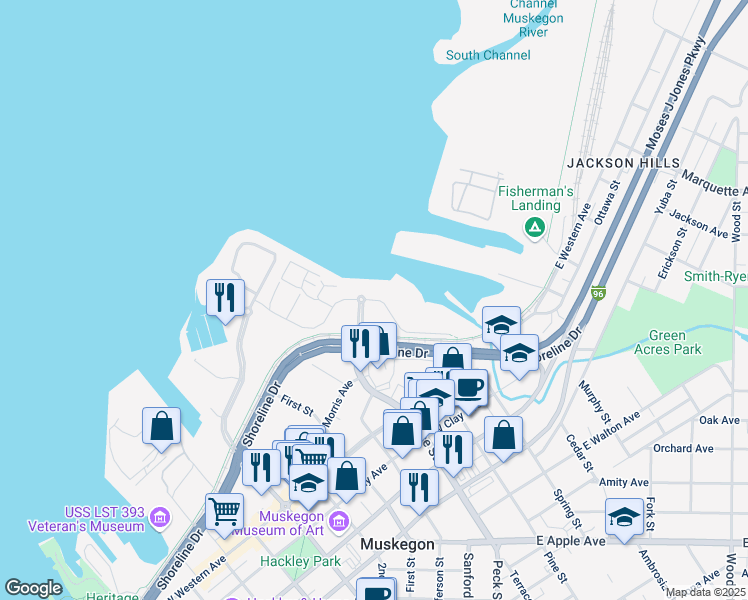 map of restaurants, bars, coffee shops, grocery stores, and more near Viridian Drive in Muskegon