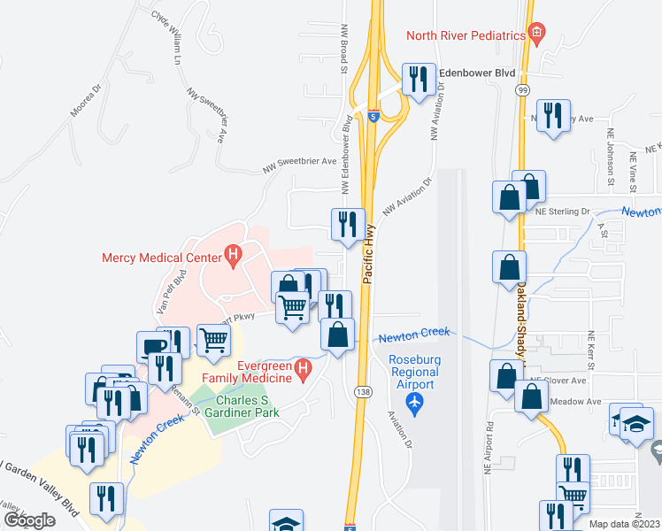 map of restaurants, bars, coffee shops, grocery stores, and more near 2712 Northwest Edenbower Boulevard in Roseburg
