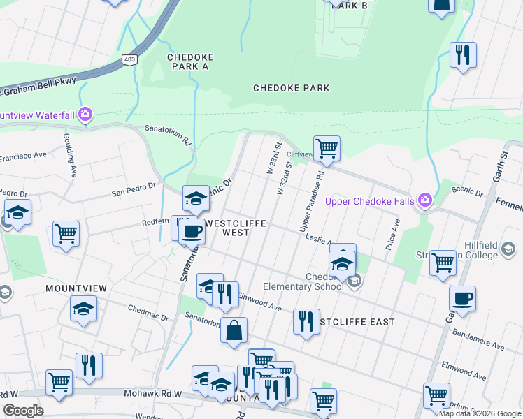 map of restaurants, bars, coffee shops, grocery stores, and more near 107 West 33rd Street in Hamilton