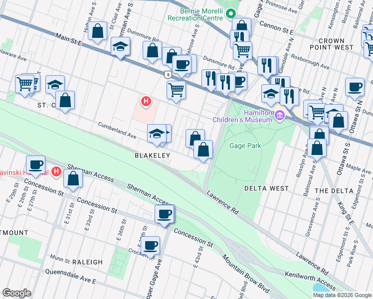 map of restaurants, bars, coffee shops, grocery stores, and more near 236 Balsam Avenue South in Hamilton