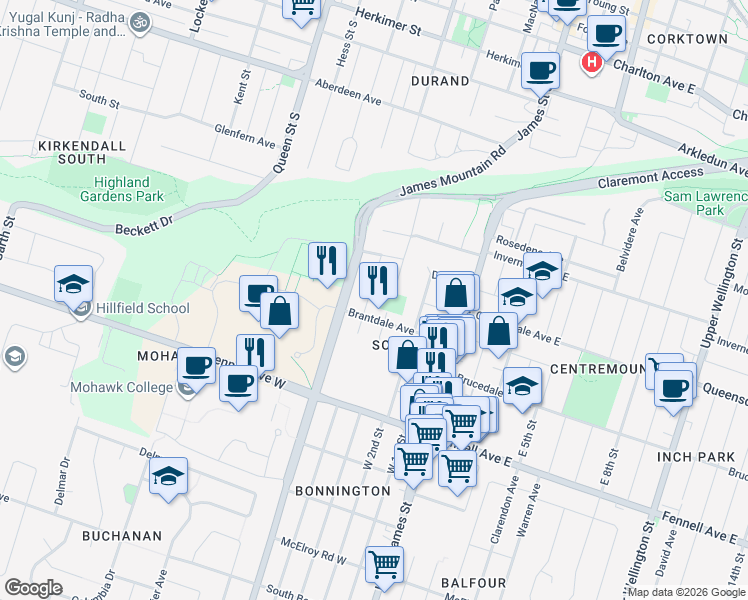 map of restaurants, bars, coffee shops, grocery stores, and more near 47 Cloverhill Road in Hamilton