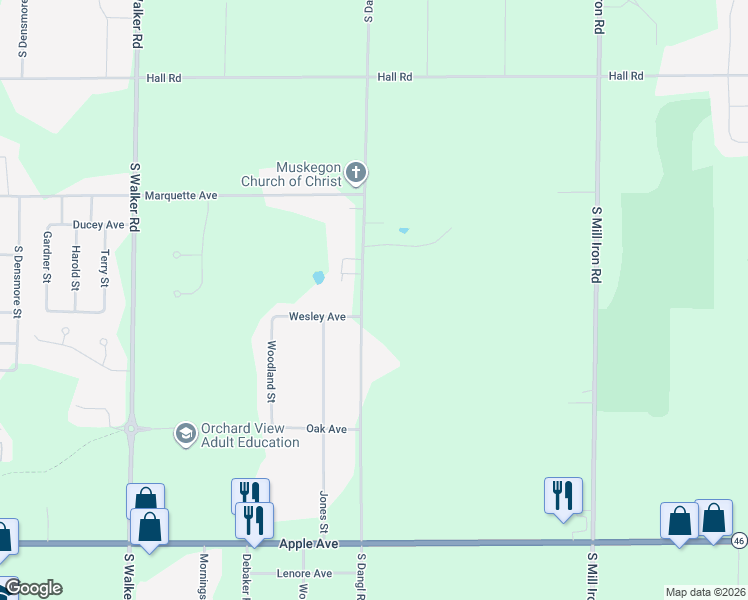 map of restaurants, bars, coffee shops, grocery stores, and more near 591 South Dangl Road in Muskegon
