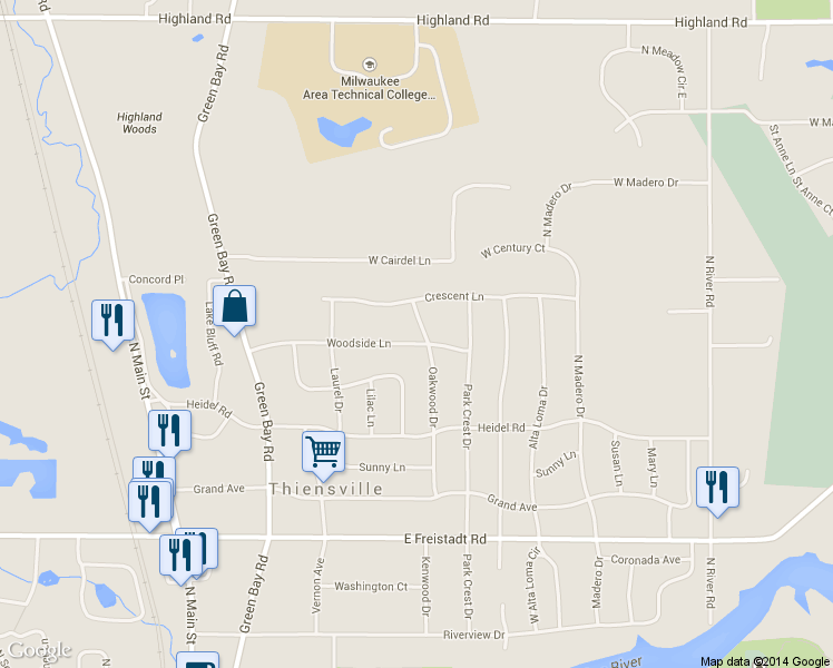 map of restaurants, bars, coffee shops, grocery stores, and more near 601 Oakwood Dr in Thiensville