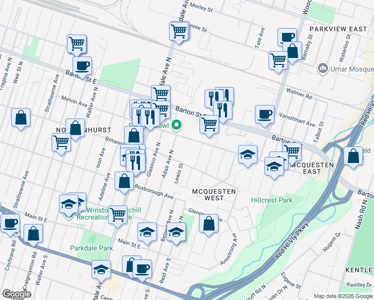 map of restaurants, bars, coffee shops, grocery stores, and more near 270 Melvin Avenue in Hamilton