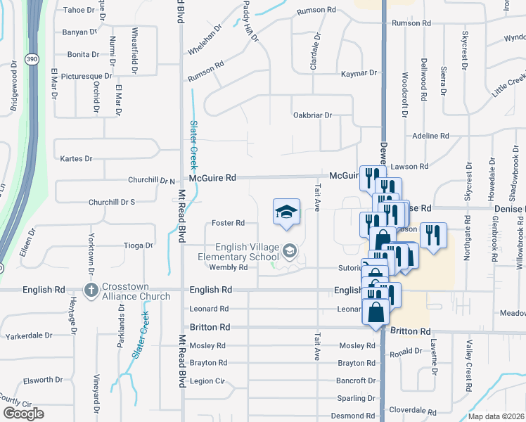 map of restaurants, bars, coffee shops, grocery stores, and more near 250 Killarney Drive in Rochester