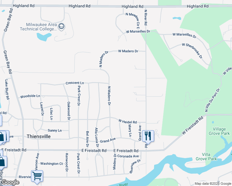 map of restaurants, bars, coffee shops, grocery stores, and more near 12302 North Madero Drive in Mequon