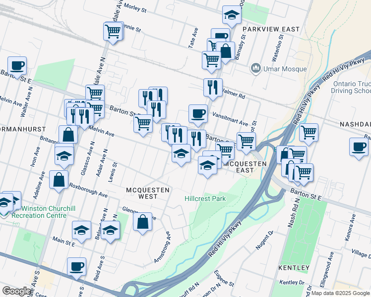 map of restaurants, bars, coffee shops, grocery stores, and more near 365 Melvin Avenue in Hamilton