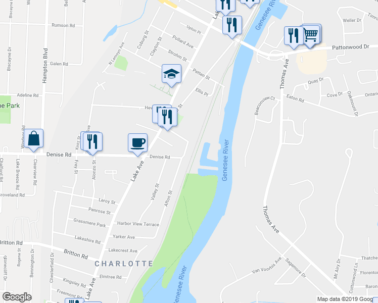 map of restaurants, bars, coffee shops, grocery stores, and more near 24 Hughes Place in Rochester