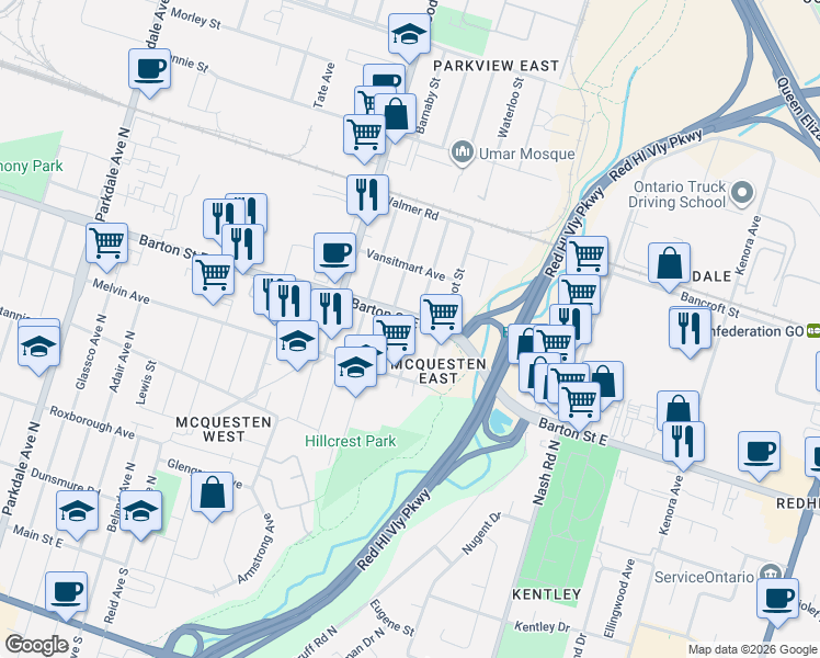 map of restaurants, bars, coffee shops, grocery stores, and more near 2074 Barton Street East in Hamilton