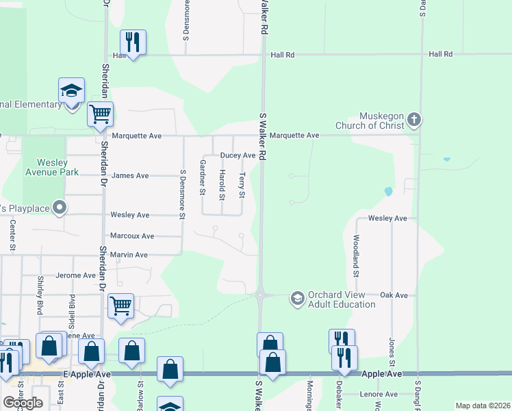 map of restaurants, bars, coffee shops, grocery stores, and more near 572 Terry Street in Muskegon
