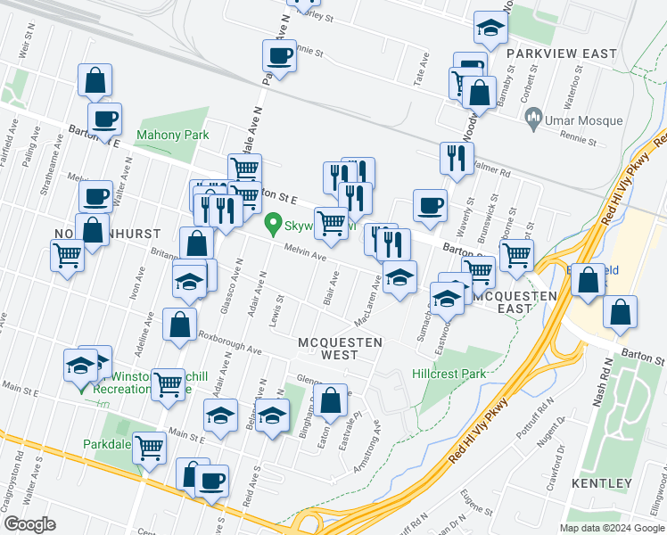 map of restaurants, bars, coffee shops, grocery stores, and more near 310 Melvin Avenue in Hamilton