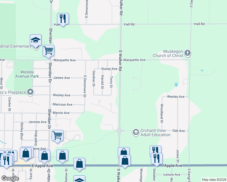 map of restaurants, bars, coffee shops, grocery stores, and more near 572 Terry Street in Muskegon