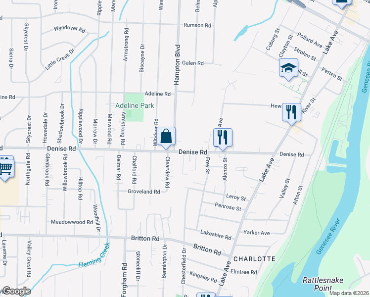map of restaurants, bars, coffee shops, grocery stores, and more near 410 Denise Road in Rochester