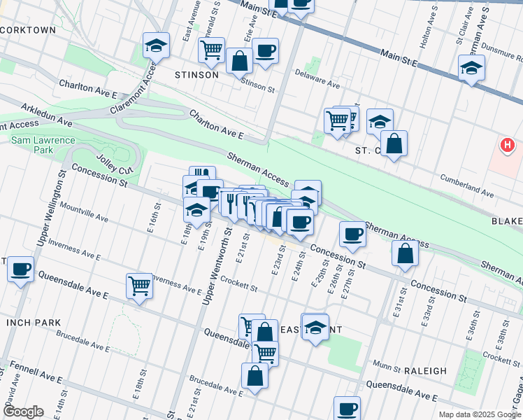 map of restaurants, bars, coffee shops, grocery stores, and more near 30 Summit Avenue in Hamilton
