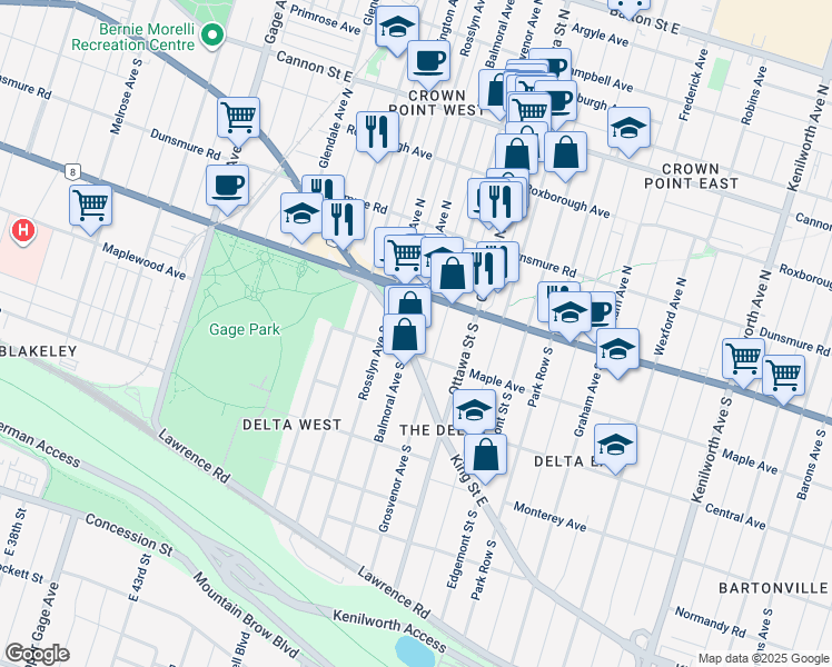 map of restaurants, bars, coffee shops, grocery stores, and more near 35 Balmoral Avenue South in Hamilton