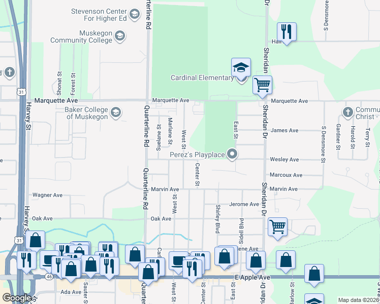 map of restaurants, bars, coffee shops, grocery stores, and more near 576 West Street in Muskegon