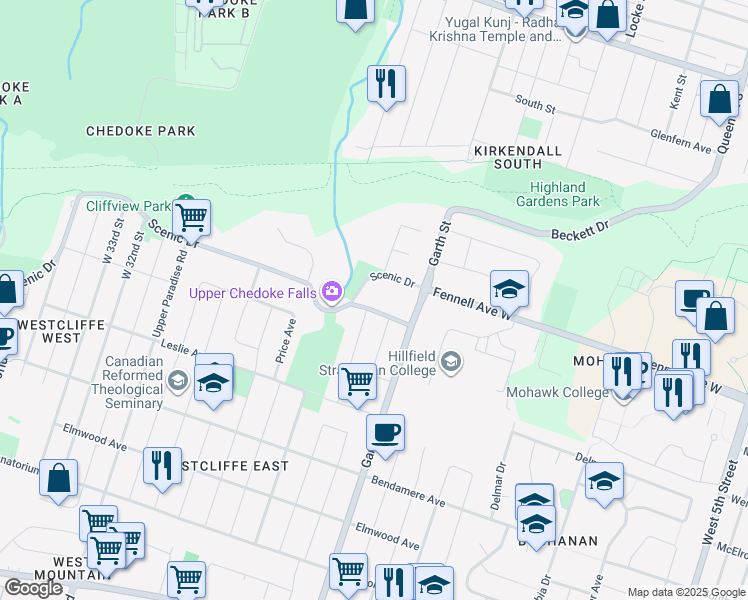 map of restaurants, bars, coffee shops, grocery stores, and more near 404 Denlow Avenue in Hamilton