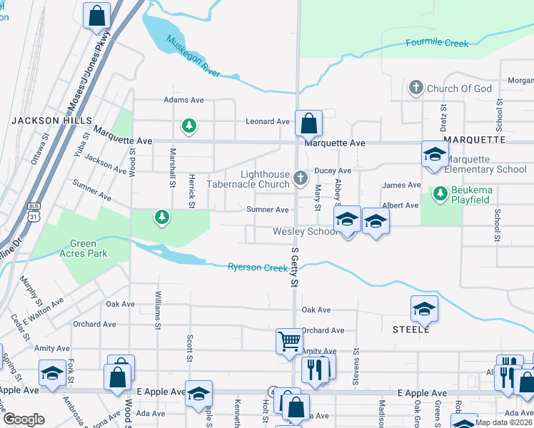 map of restaurants, bars, coffee shops, grocery stores, and more near 723 Sumner Avenue in Muskegon