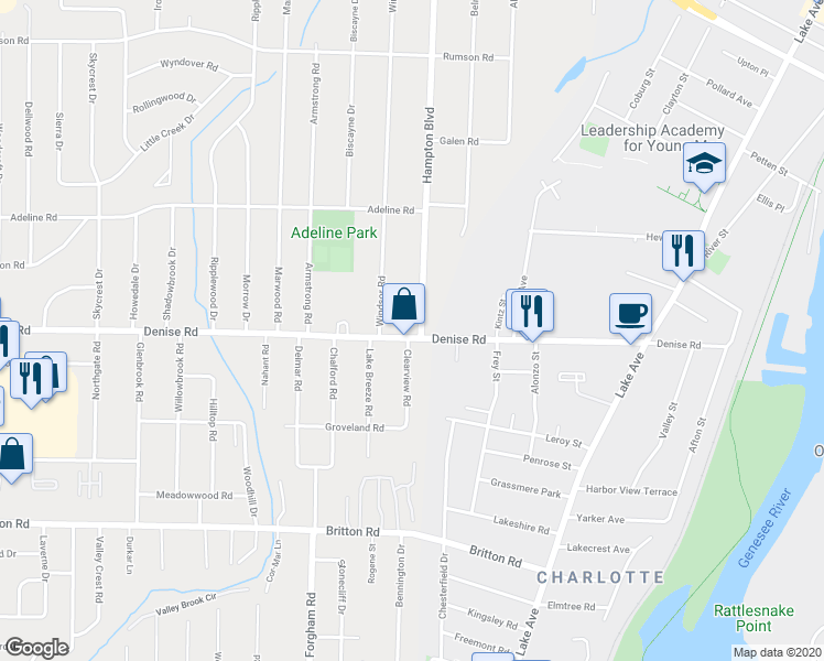 map of restaurants, bars, coffee shops, grocery stores, and more near 464 Denise Road in Rochester