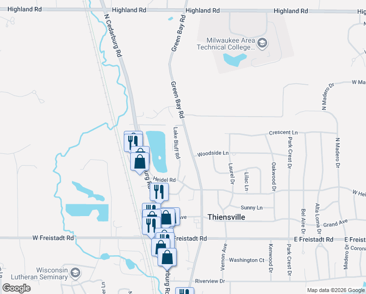 map of restaurants, bars, coffee shops, grocery stores, and more near 607 Green Bay Road in Thiensville