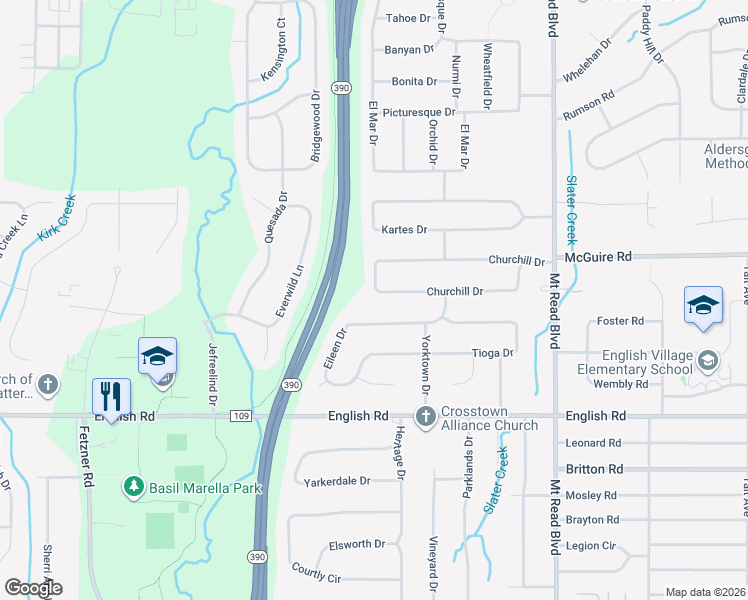 map of restaurants, bars, coffee shops, grocery stores, and more near 333 Churchill Drive in Rochester