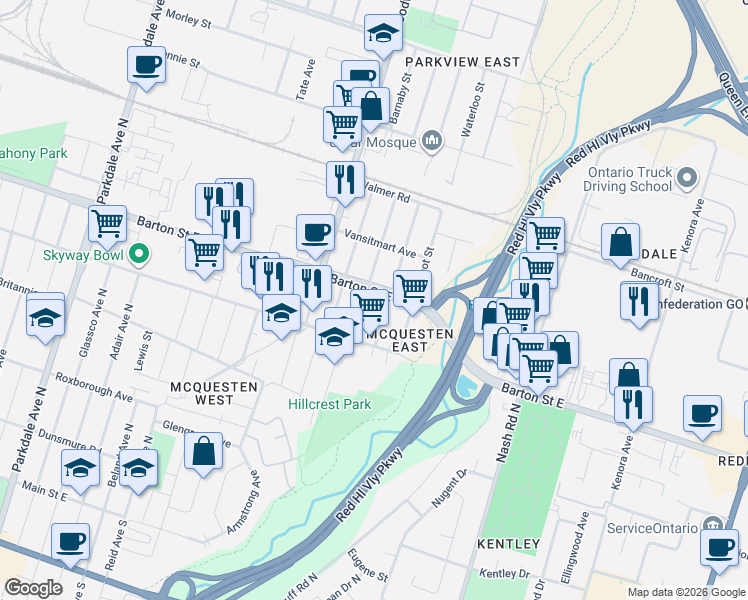 map of restaurants, bars, coffee shops, grocery stores, and more near 2062 Barton Street East in Hamilton