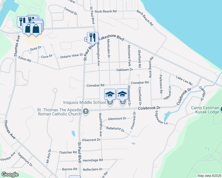 map of restaurants, bars, coffee shops, grocery stores, and more near 137 Cinnabar Road in Rochester