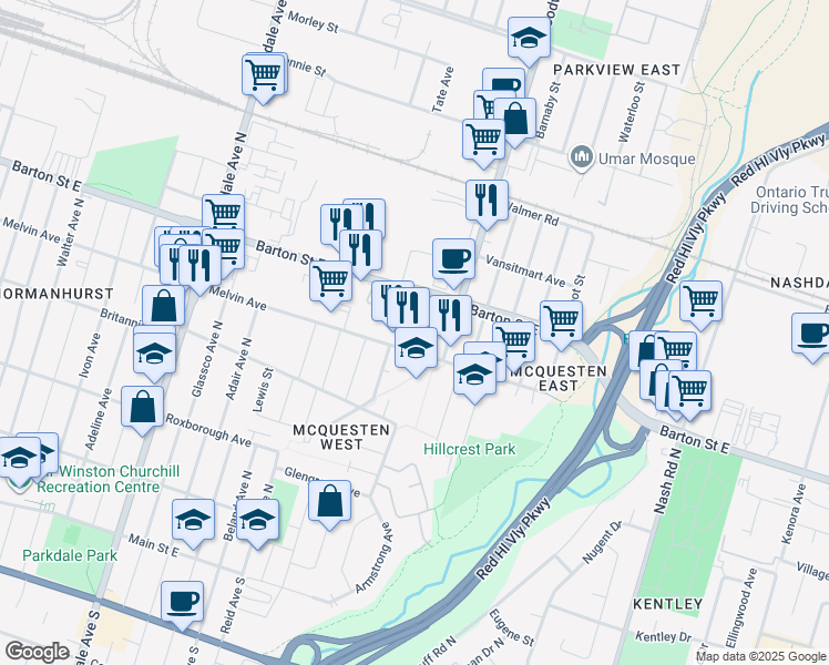 map of restaurants, bars, coffee shops, grocery stores, and more near 365 Melvin Avenue in Hamilton