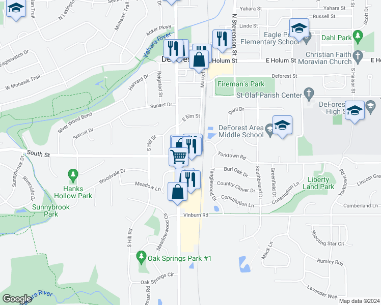 map of restaurants, bars, coffee shops, grocery stores, and more near 605 South Main Street in DeForest