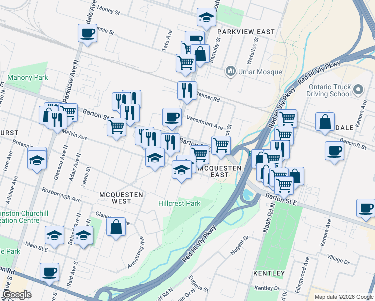 map of restaurants, bars, coffee shops, grocery stores, and more near 2044 Barton Street East in Hamilton