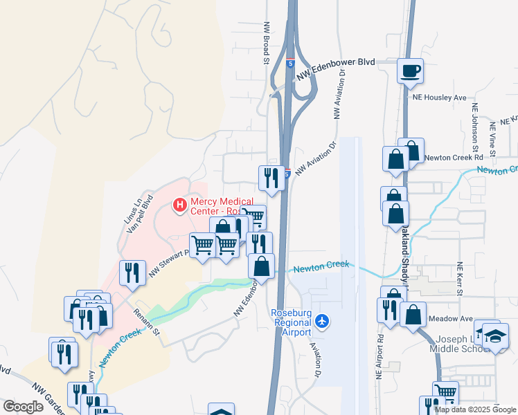 map of restaurants, bars, coffee shops, grocery stores, and more near 2736 Northwest Edenbower Boulevard in Roseburg