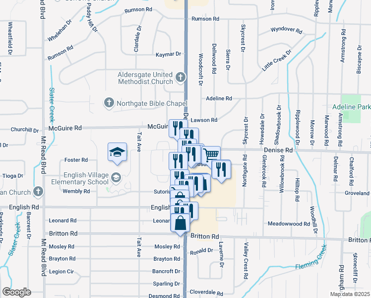 map of restaurants, bars, coffee shops, grocery stores, and more near Dewey Ave & Denise Rd in Monroe