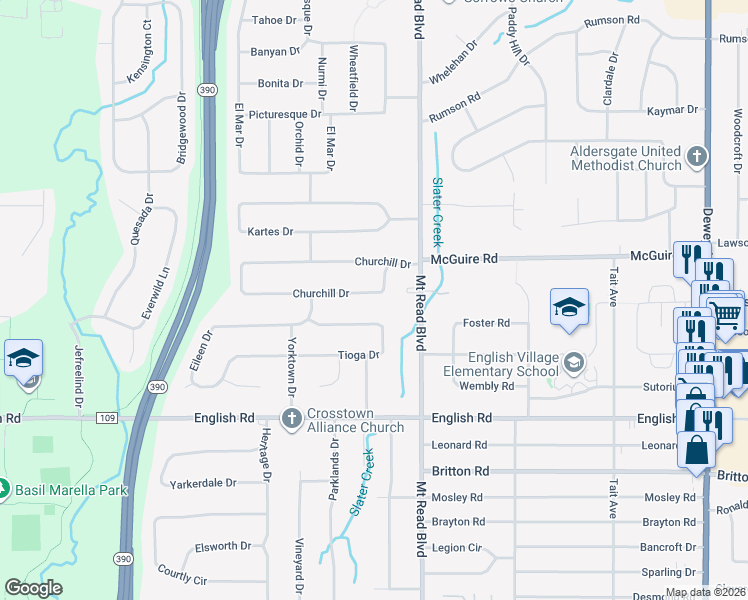 map of restaurants, bars, coffee shops, grocery stores, and more near 533 Churchill Drive in Rochester