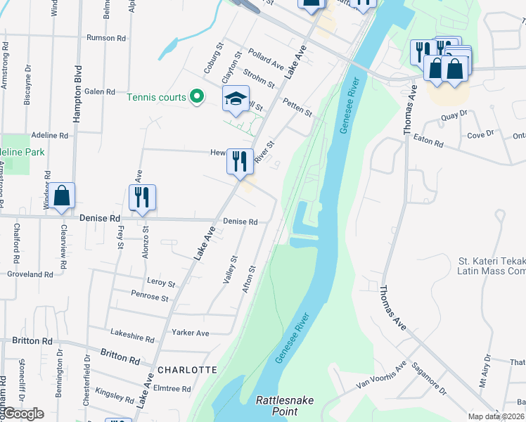 map of restaurants, bars, coffee shops, grocery stores, and more near 19 Hughes Place in Rochester