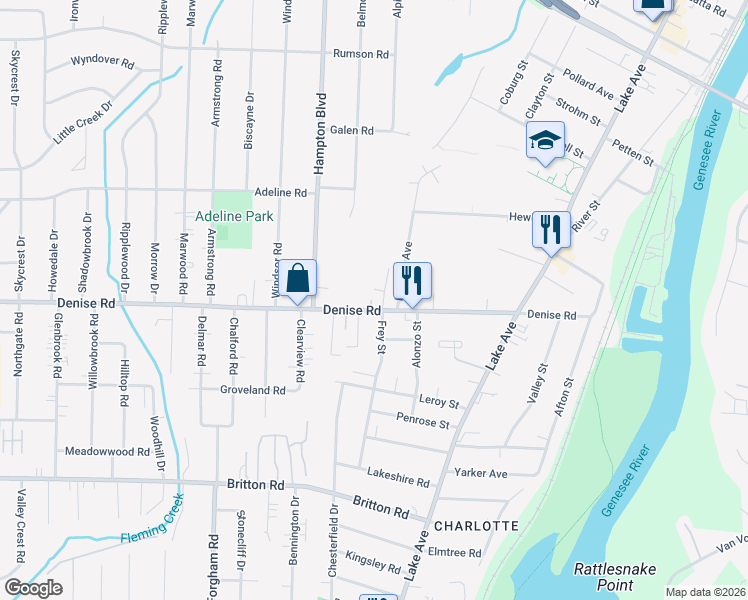map of restaurants, bars, coffee shops, grocery stores, and more near 326 Denise Road in Rochester