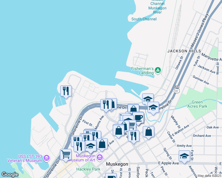 map of restaurants, bars, coffee shops, grocery stores, and more near 120 Viridian Drive in Muskegon