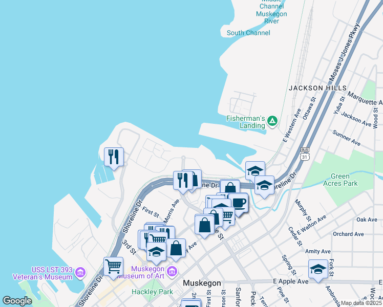 map of restaurants, bars, coffee shops, grocery stores, and more near 120 Viridian Drive in Muskegon