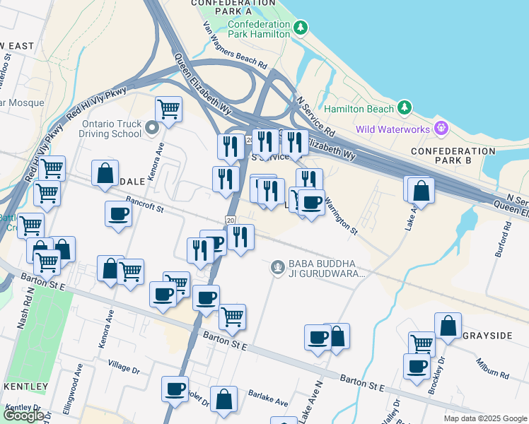 map of restaurants, bars, coffee shops, grocery stores, and more near 516 Centennial Parkway North in Hamilton