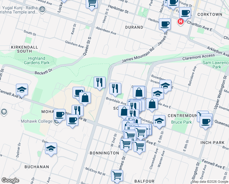 map of restaurants, bars, coffee shops, grocery stores, and more near 102 Arcade Crescent in Hamilton
