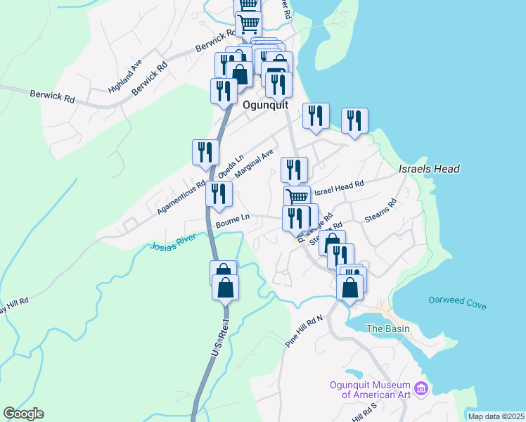 map of restaurants, bars, coffee shops, grocery stores, and more near 40 Bourne Lane in Ogunquit