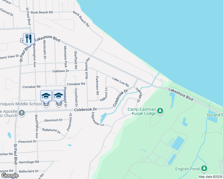map of restaurants, bars, coffee shops, grocery stores, and more near 119 Hillhurst Lane in Rochester