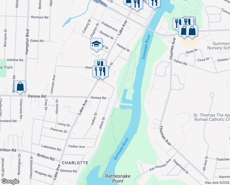 map of restaurants, bars, coffee shops, grocery stores, and more near 24 Hughes Place in Rochester