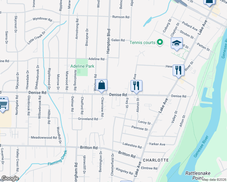 map of restaurants, bars, coffee shops, grocery stores, and more near 410 Denise Road in Rochester